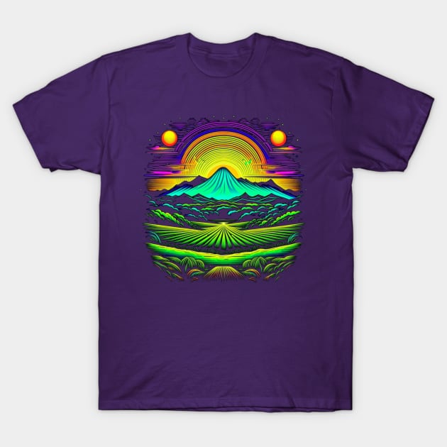 Suns, Mountain and Field on Alien Planet T-Shirt by vystudio